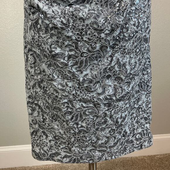 Betsy & Adam Sequined Lace Cocktail Dress Size 8 Blue Draped Back Midi Sheath - Picture 9 of 14